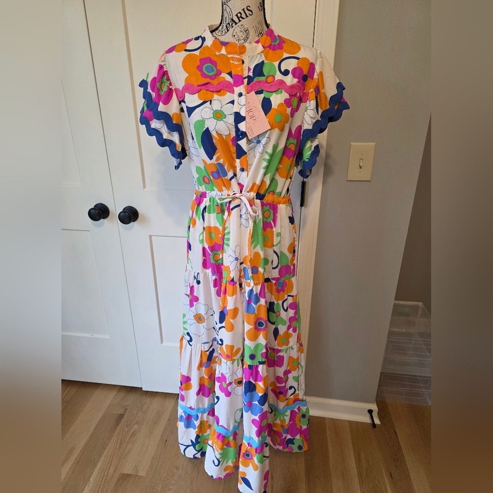 Vibrant Floral Midi Dress with Ruffle Sleeves-NWT